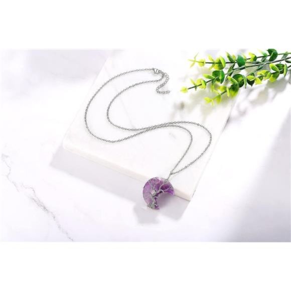 Tree of Life Wire Wrapped Crescent Moon Pendant Necklace Reiki Healing Crystal - Picture 5 of 6